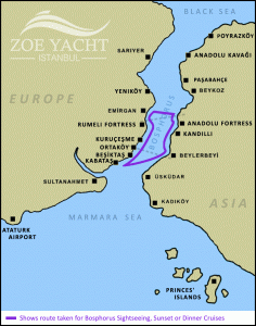 Bosphorus strait map route for sightseeing cruise